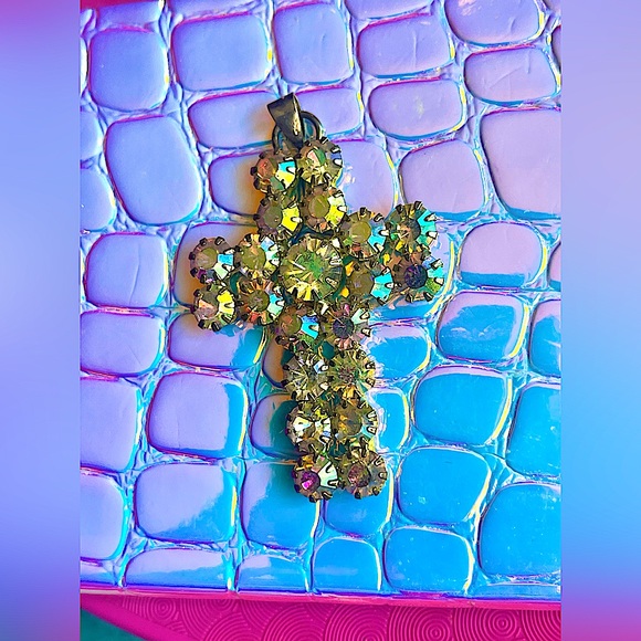 Crystal cross necklace aurora borealis sparkly vintage 1.5" high one-of-a-kind - Picture 1 of 7